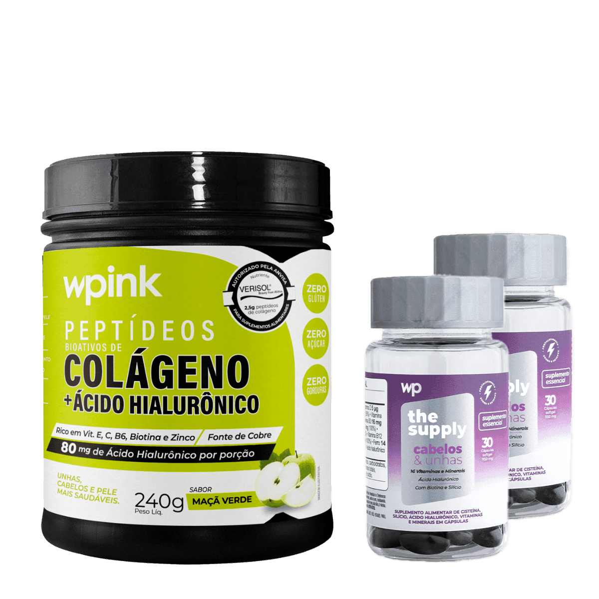 colágeno de maçã verde - 240g + 2 cabelos e unhas - wp
